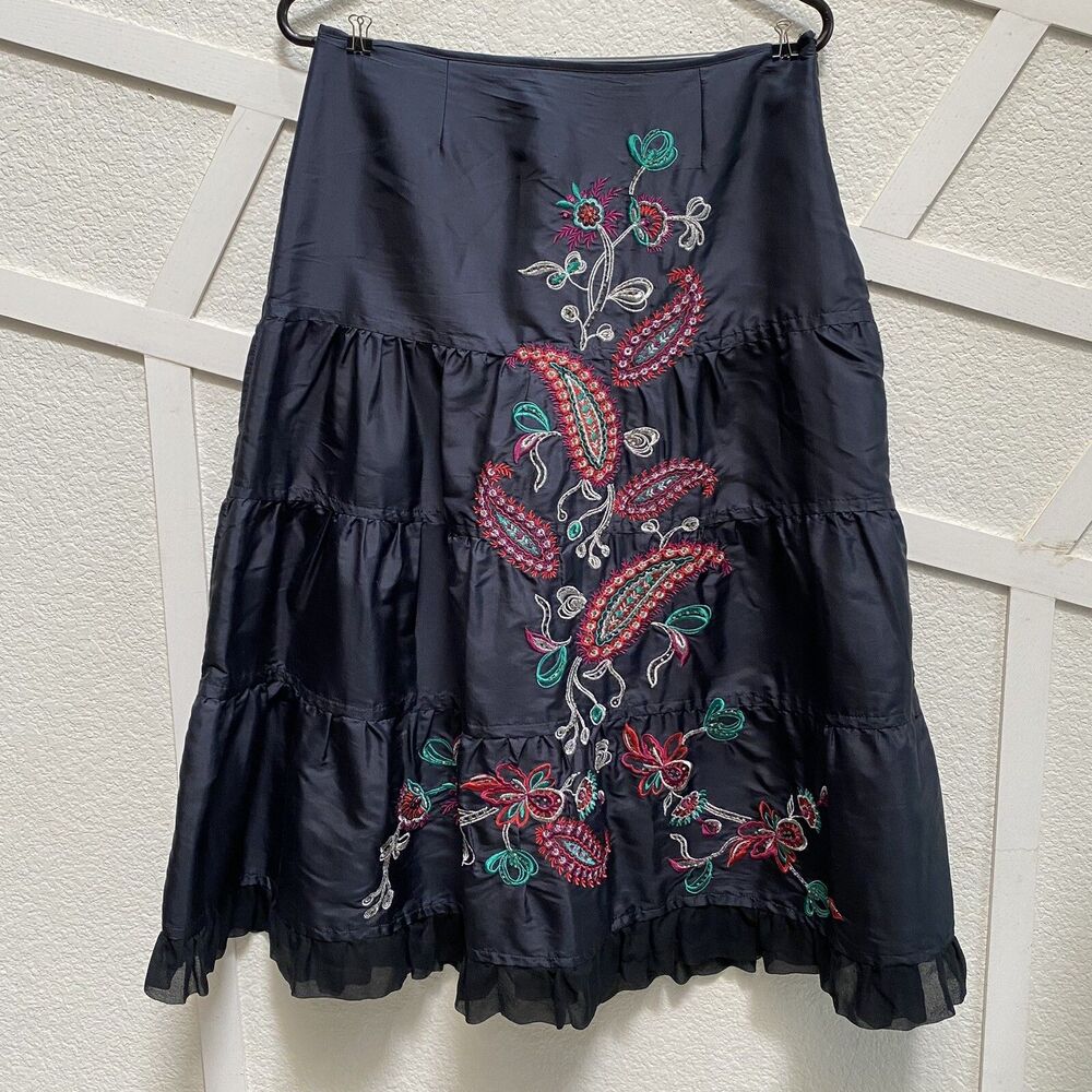 Carole Little Silk A-line Black Skirt Floral Embroidered Tiered Size 6